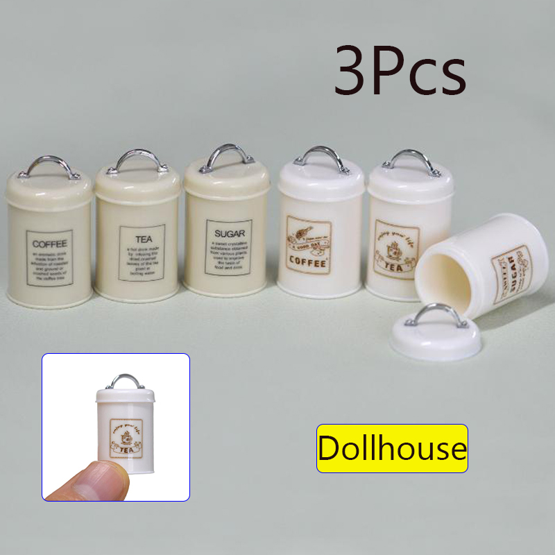 Food Storage Plastic - กระป๋องอาหาร/ชา/กาแฟจิ๋วสำหรับบ้านตุ๊กตา 3 ชิ้น รูปทรงกลม ใช้เป็นขวดเก็บของ สำหรับตกแต่งฉากบ้านตุ๊กตา