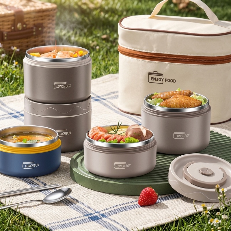 Food Storage Thermos - กล่องอาหารกลางวันแบบพกพา ทำจากสแตนเลส 304 สองชั้น ฝาปิดกันรั่ว สำหรับสำนักงานและโรงเรียน