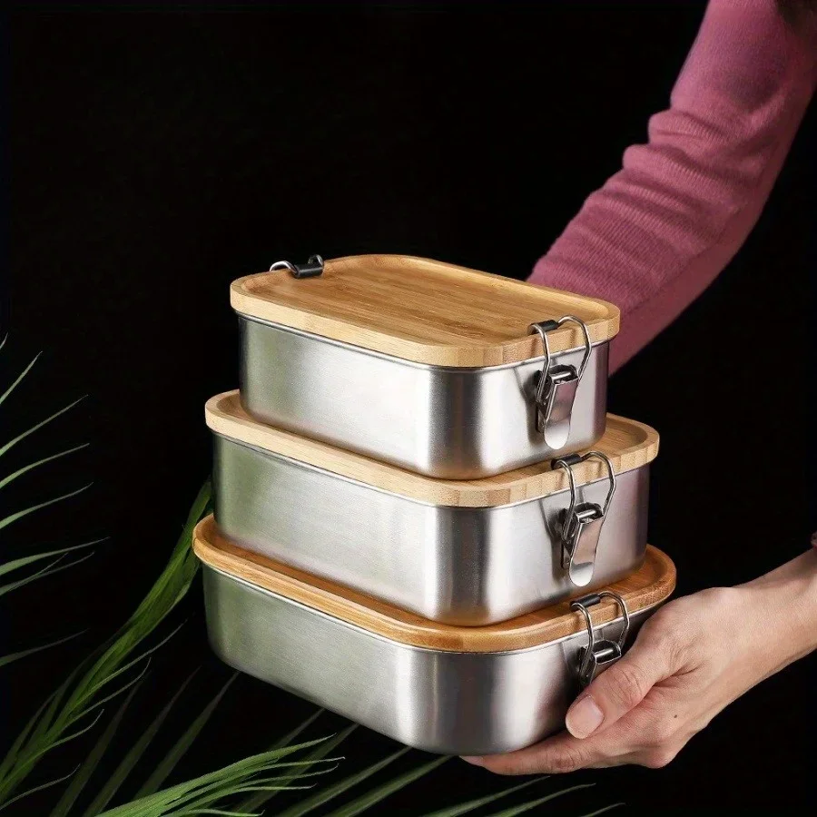 Food Storage And Organizer - กล่องอาหารกลางวันสแตนเลส 304 ใหม่ พร้อมฝาไม้ไผ่, กล่องถนอมอาหารสไตล์ญี่ปุ่น, กล่องอาหารกลางวัน,