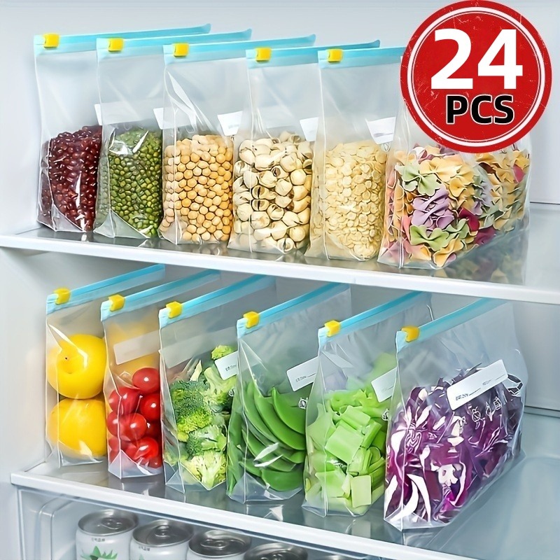 Food Storage Ziploc Bags - ถุงเก็บอาหารแบบซิปล็อคใช้ซ้ำได้ 24 ชิ้น, ถุงแช่แข็งกันรั่วสำหรับผลไม้ เนื้อสัตว์ และผัก