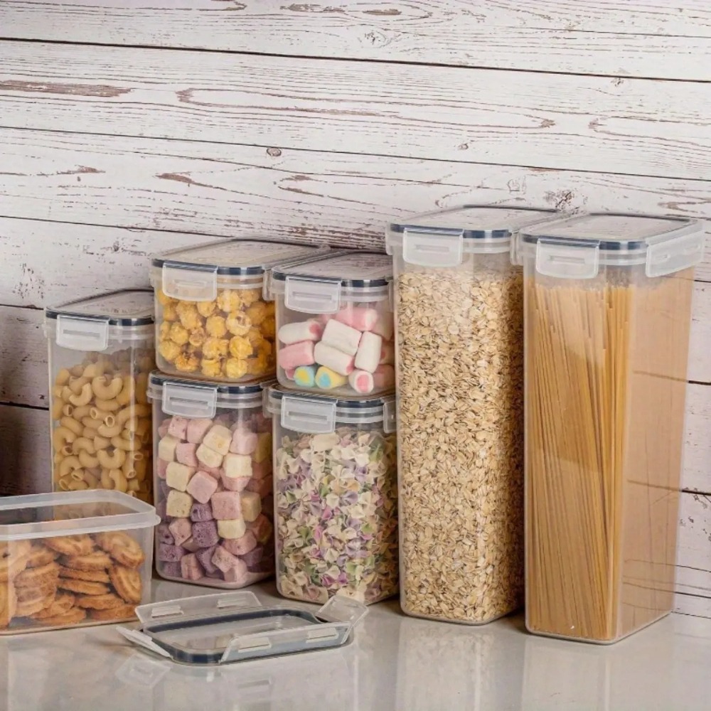 Food Storage Jar Labels - ชุดกล่องถนอมอาหารสุญญากาศ 8 ชิ้น พร้อมฝาปิด วัสดุพลาสติก สำหรับจัดระเบียบครัวและห้องเก็บของ