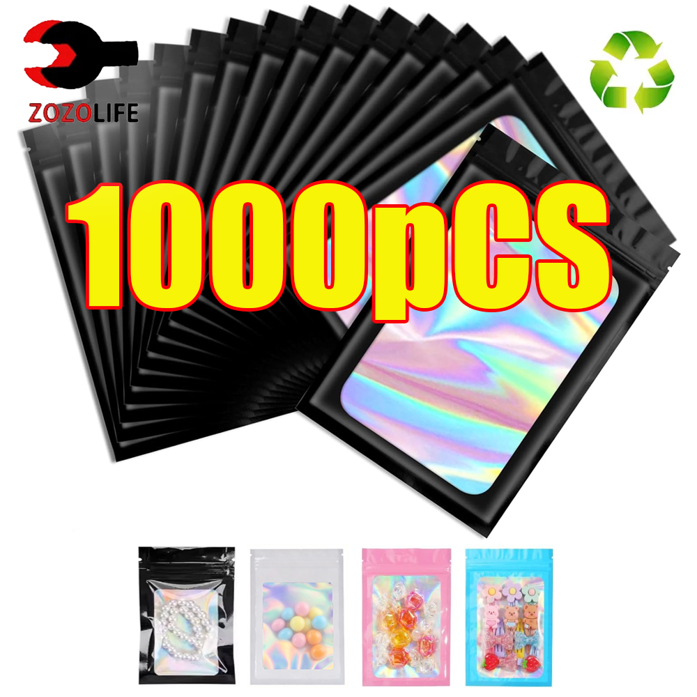 Food Storage Ziploc Bags - ถุงซิปล็อคโฮโลแกรม 10-1000 ชิ้น สีดำ พลาสติกเลเซอร์สีรุ้ง สำหรับใส่ของขวัญ