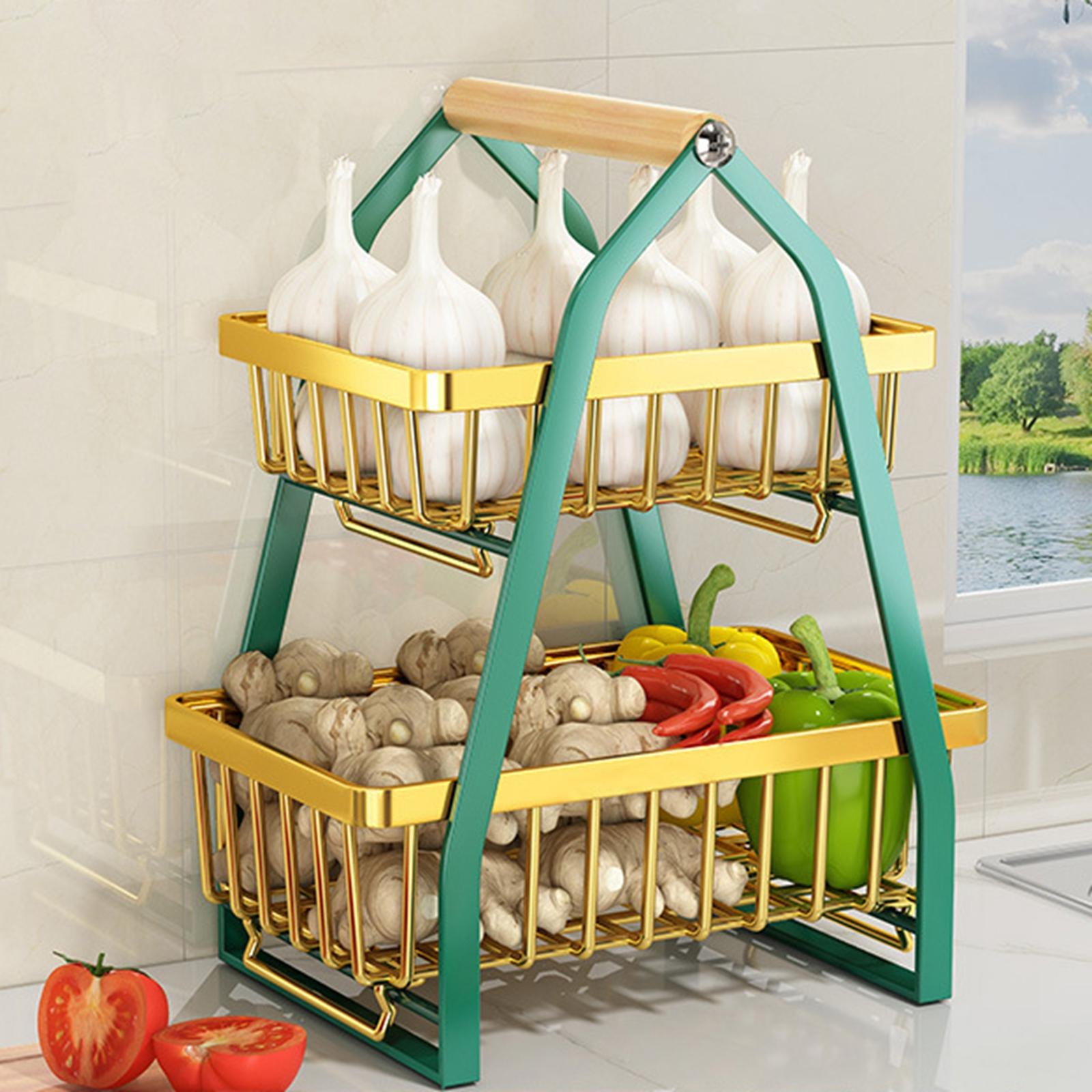 Food Storage Handling - ตะกร้าผลไม้เอนกประสงค์พร้อมที่จับไม้ ช่วยประหยัดพื้นที่ ใช้เป็นชามเก็บของสำหรับครัวและสำนักงาน ใส่ผักได้