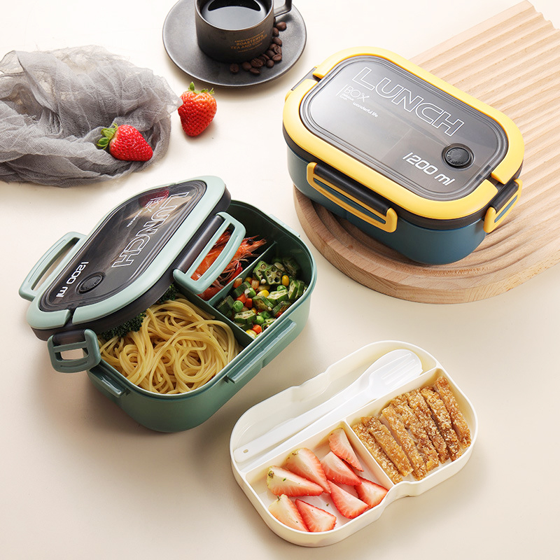 Food Storage Tupperware - กล่องอาหารกลางวันสองชั้นแบบเดี่ยวกล่องใส่อาหารผลไม้แบบพกพากล่องอาหารกลางวันเข้าไมโครเวฟพร้อมส้อมและช้อนกล่องปิกนิก