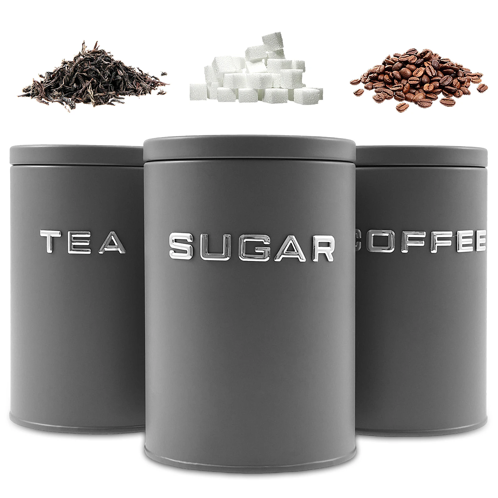 Food Storage Jars Airtight - กระป๋องเก็บชา กาแฟ น้ำตาล 3 ชิ้น ทำจากโลหะทรงกลม