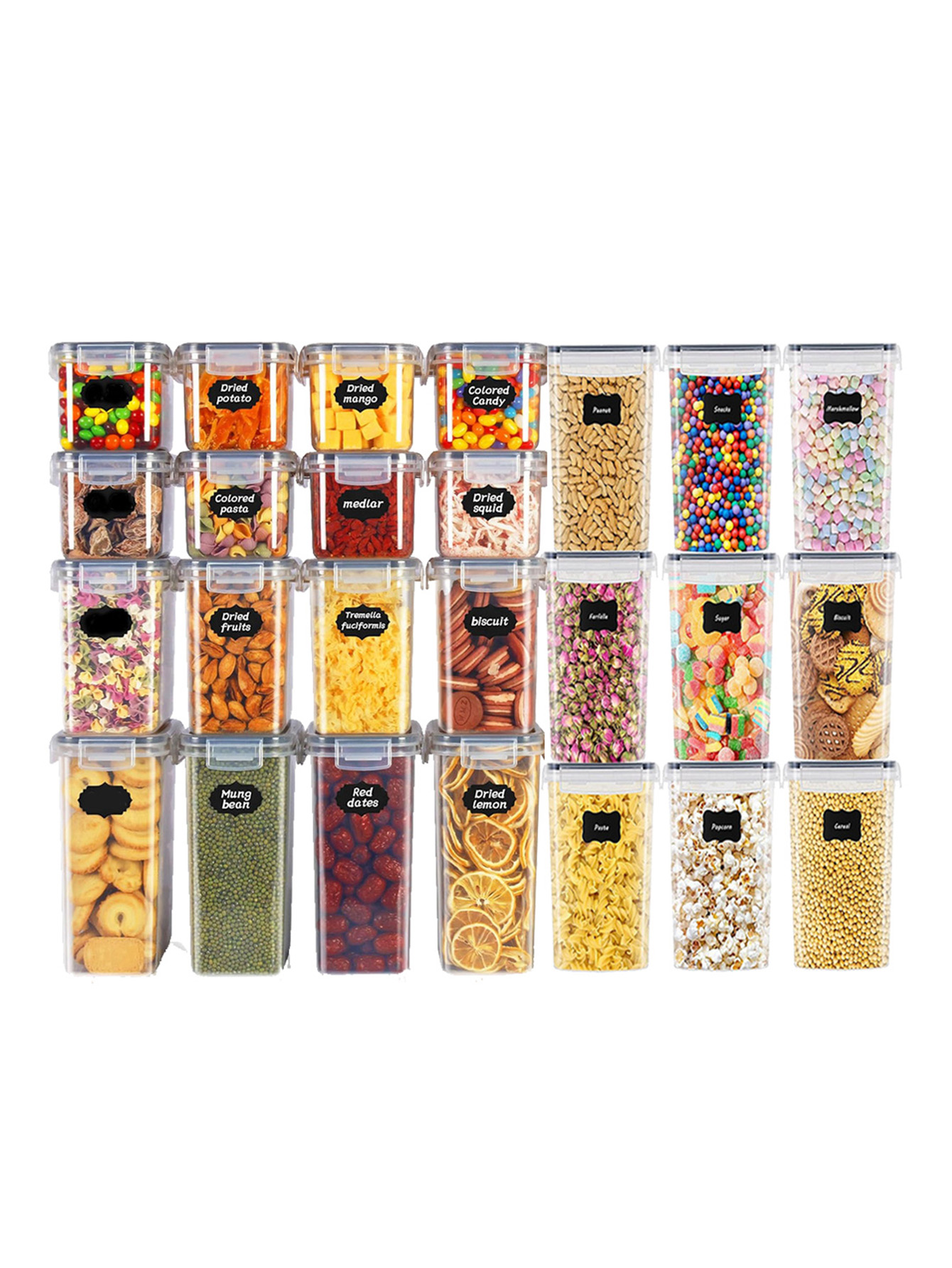 Food Storage Jar Labels - 48 ชิ้น, ภาชนะเก็บอาหารแบบมีฝาปิด, ภาชนะพลาสติกสำหรับห้องครัว, กระปุกเก็บของแห้งสำหรับแลคโตส, ธัญพืช,