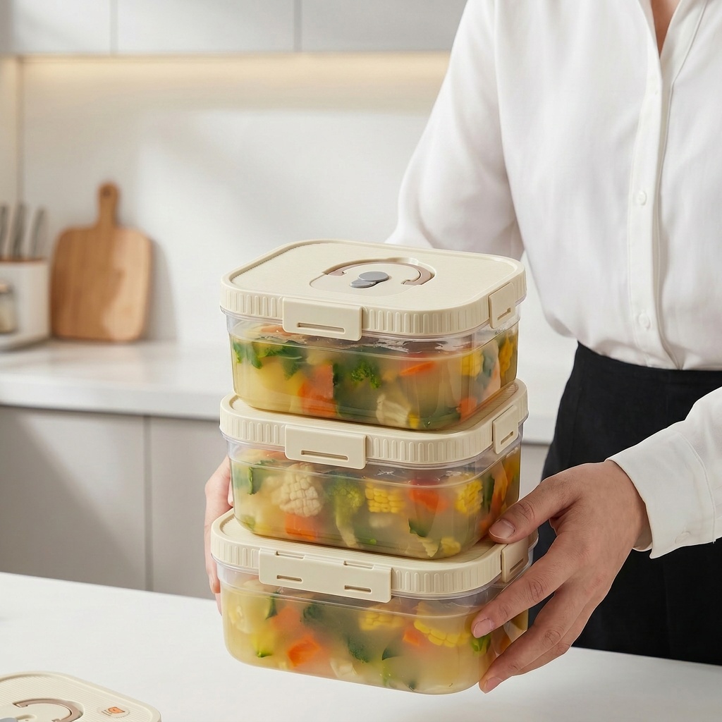 Food Storage Handling - กล่องเก็บอาหารพลาสติกใสพร้อมหูจับ กล่องเก็บผักผลไม้ปิดผนึก รักษาความสด ใช้ได้กับตู้เย็นและไมโครเวฟ อุปกรณ์จัดระเบียบครัว